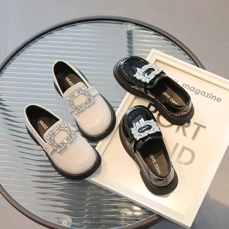 Girls Square Rhinestone Patent Leather Loafers