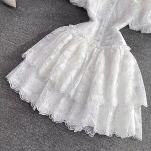 Vintage Elegant Lapel White Embroidery Puff Sleeve A-Line Cake Dress - Image 2