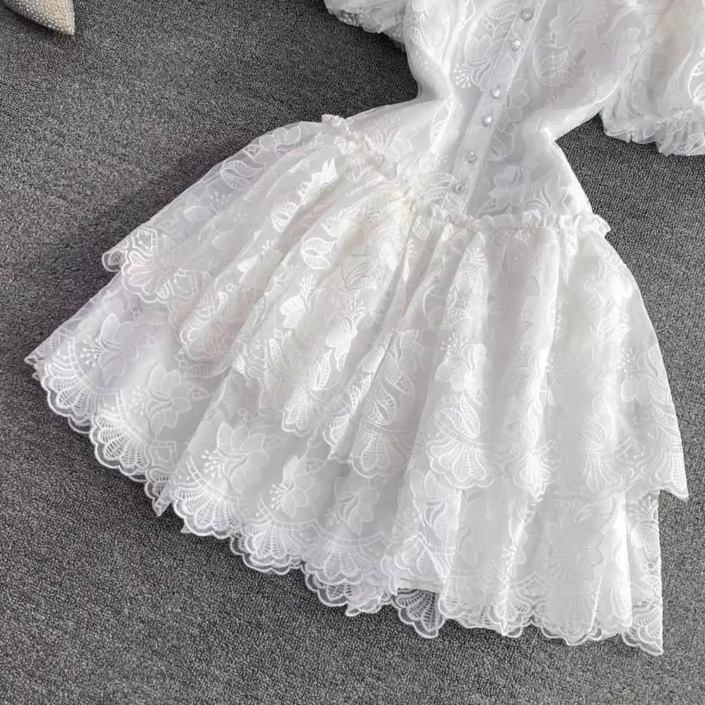 Vintage Elegant Lapel White Embroidery Puff Sleeve A-Line Cake Dress