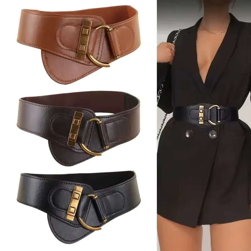 1pc Metal Buckle Wide Elastic PU Belt