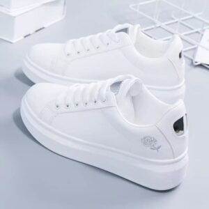 White Breathable Embroidered Flower Lace-Up Casual Sneakers