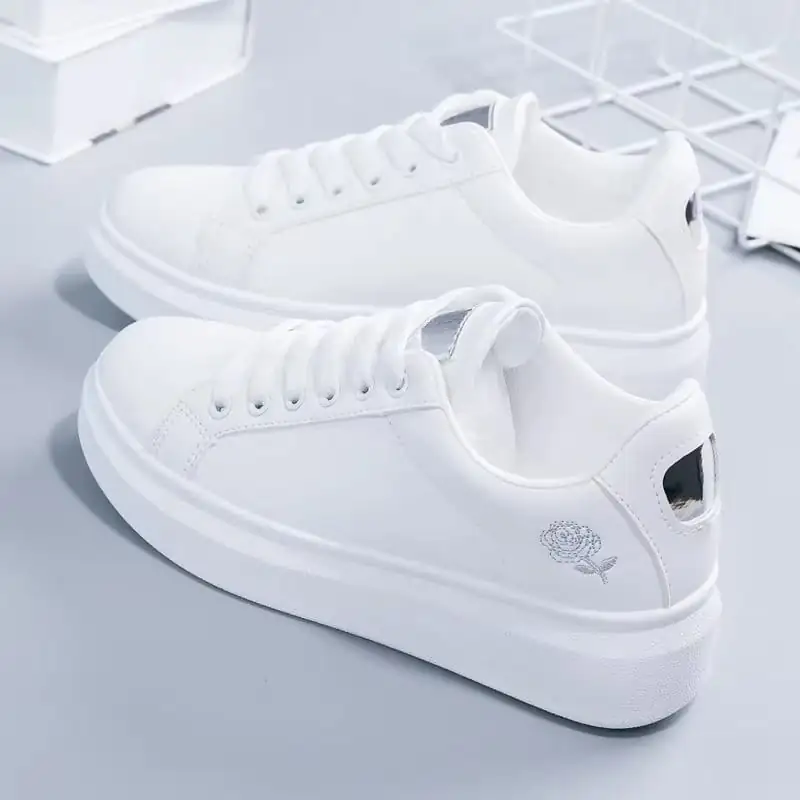 White Breathable Embroidered Flower Lace-Up Casual Sneakers