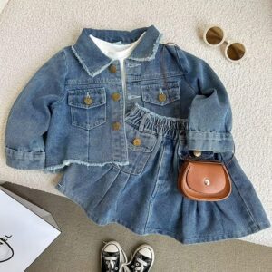 Girl’s Denim Set with Retro Lapel Jacket & Pleated Skirt Cover - Image 2