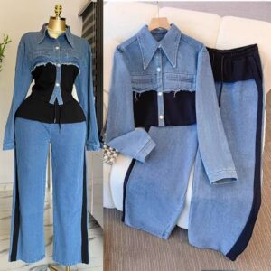 Two Piece Women Pant Set – Denim Splice Matching Set