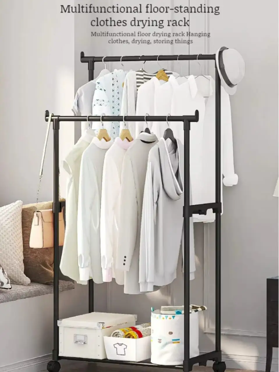 Double-Rod Clothes Rack with Hooks & Wheels