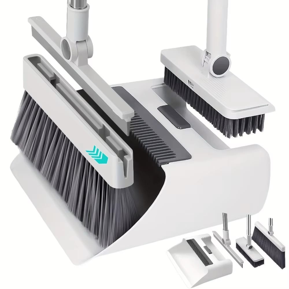 New Upgraded 4 in 1 Broom & Dustpan Set with Hidden Squeegee