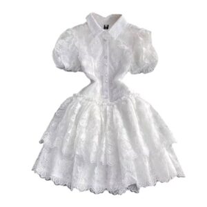 Vintage Elegant Lapel White Embroidery Puff Sleeve A-Line Cake Dress - Image 3