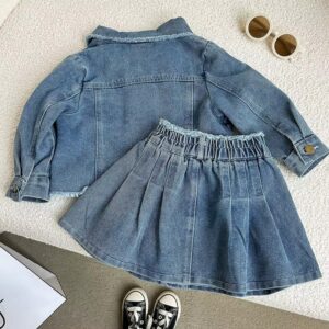 Girl’s Denim Set with Retro Lapel Jacket & Pleated Skirt Cover - Image 4