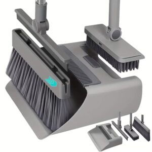 New Upgraded 4 in 1 Broom & Dustpan Set with Hidden Squeegee