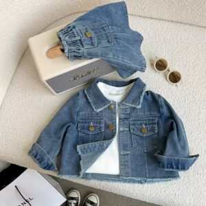 Girl’s Denim Set with Retro Lapel Jacket & Pleated Skirt Cover