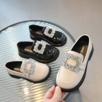 Girls Square Rhinestone Patent Leather Loafers