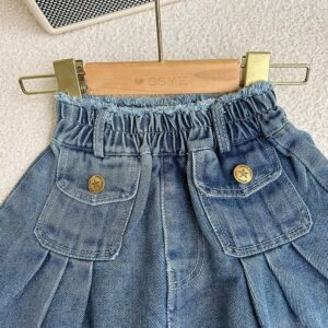 Girl’s Denim Set with Retro Lapel Jacket & Pleated Skirt Cover - Image 6