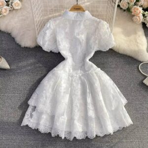 Vintage Elegant Lapel White Embroidery Puff Sleeve A-Line Cake Dress - Image 7